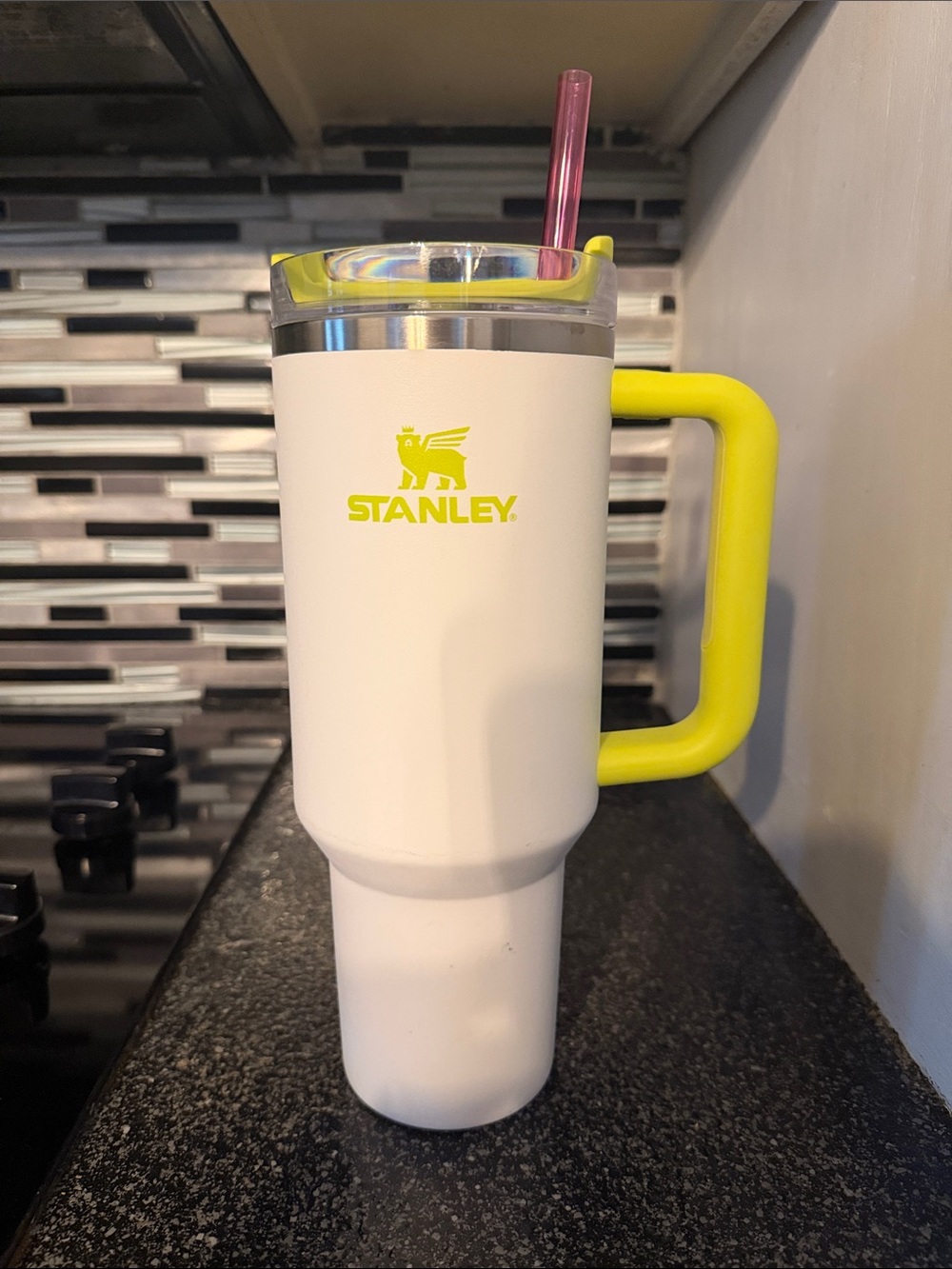 Stanley White Travel Tumbler with Neon Yellow Handle 40oz